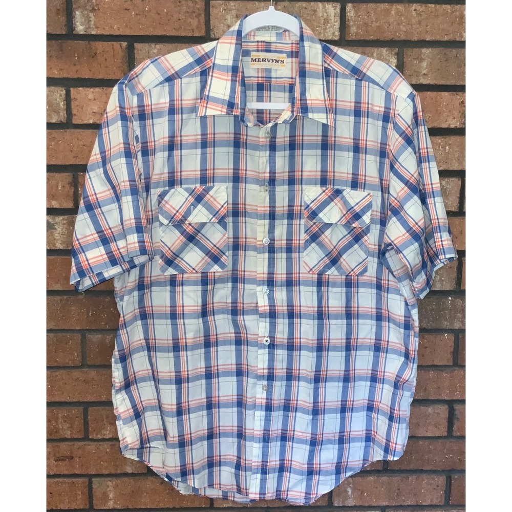 Vintage Mervyns Mens Plaid Button Down Shirt Blue Red White Short Sleeve Size L